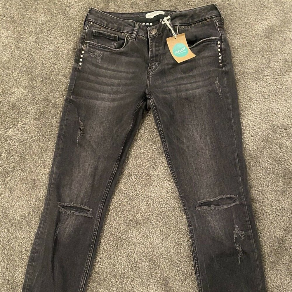 Zara Woman Jeans Size 8 Rough Wash Black Gray Rips